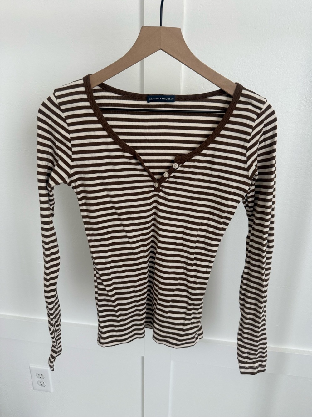 Brandy Melville Brown & White Striped Long Sleeve Henley Top